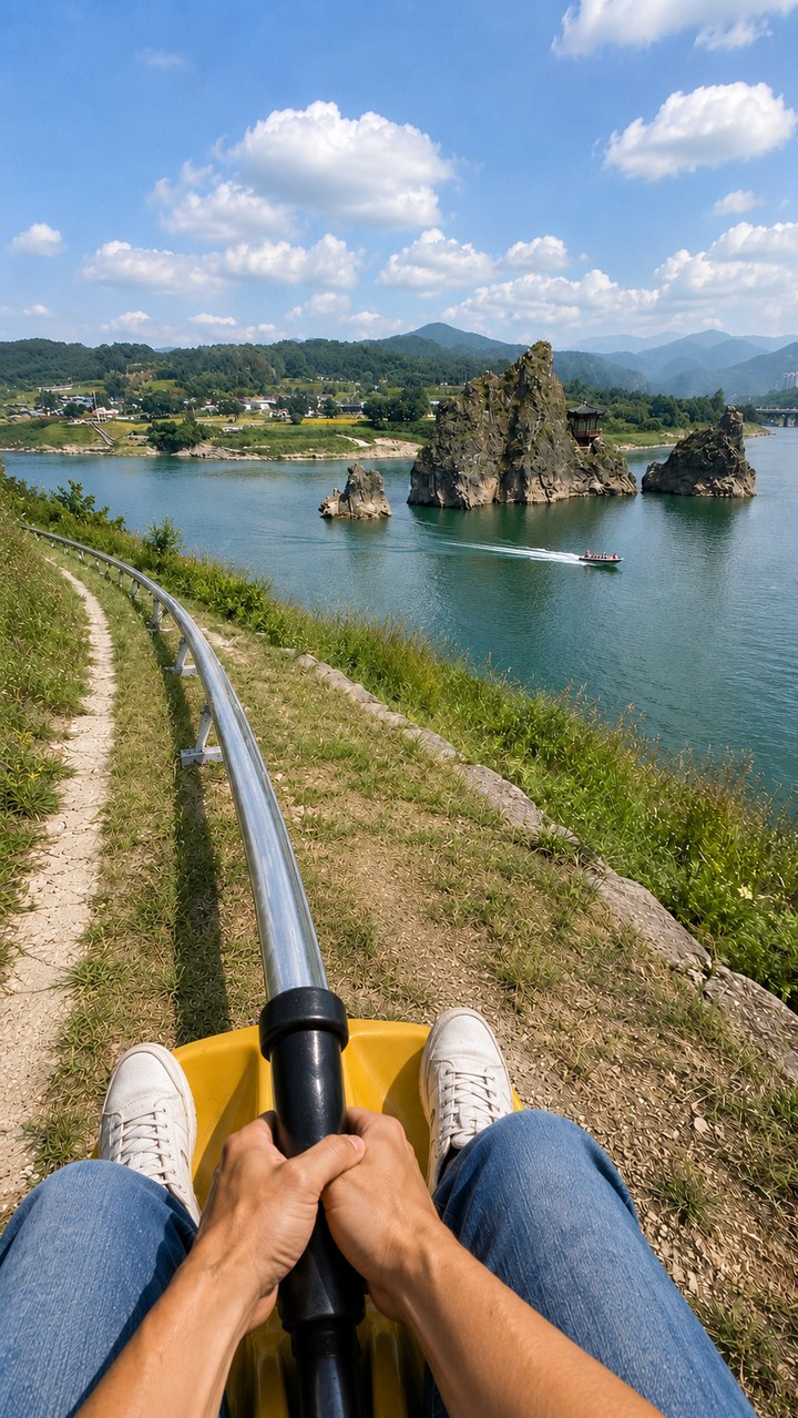 단양 도담삼봉 1인칭 POV 장면 — 남한강 위 세 바위섬과 정자, 물살을 가르는 보트, AI 관광 영상 하무인