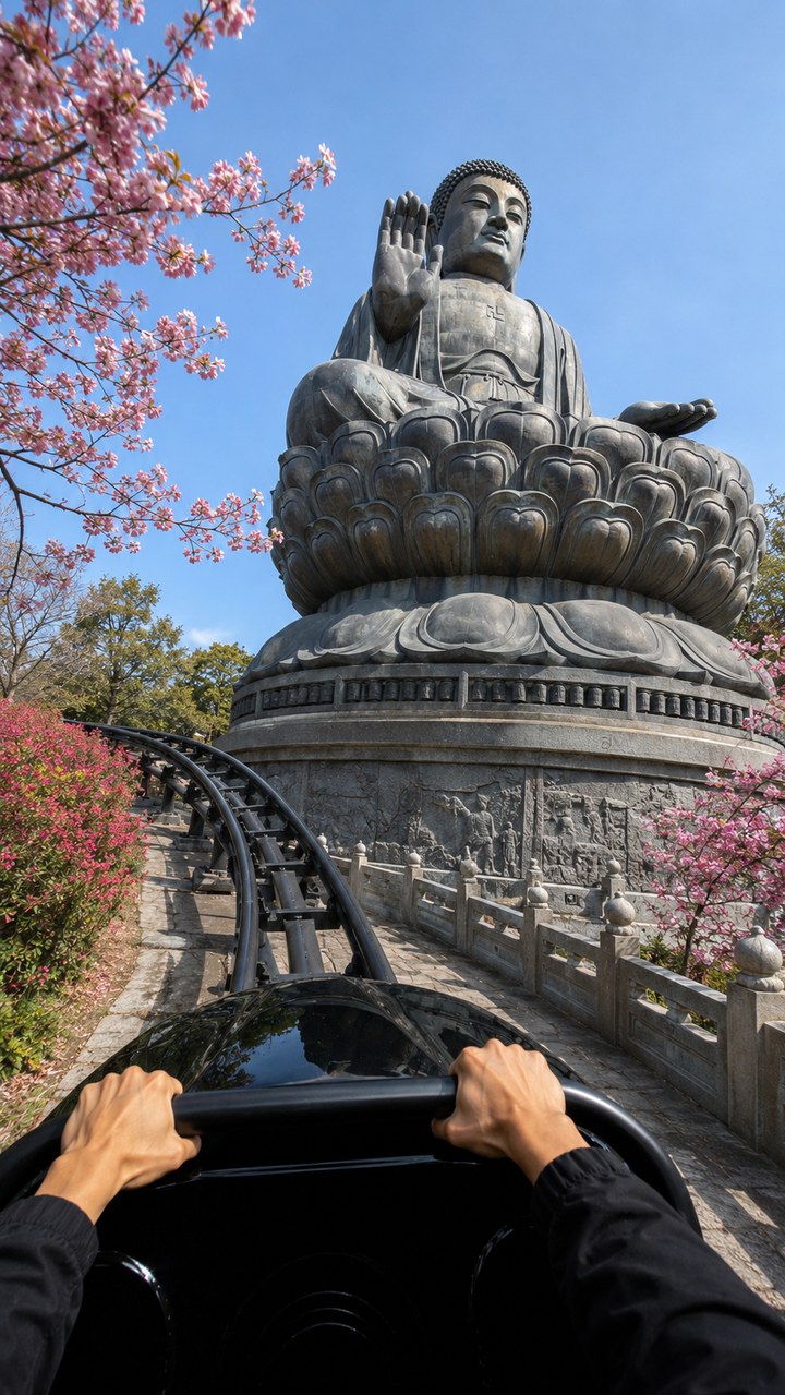 강진 남미륵사 1인칭 POV 장면 — 벚꽃 가지 사이로 올려다보는 대불, 전남 관광 영상 하무인