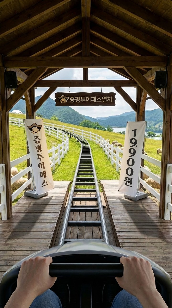 증평 벨포레 목장 투어패스 탑승장 1인칭 POV — '증평투어패스열차 19,900원' 배너와 양떼가 있는 초원 출발점, AI 관광 영상 하무인
