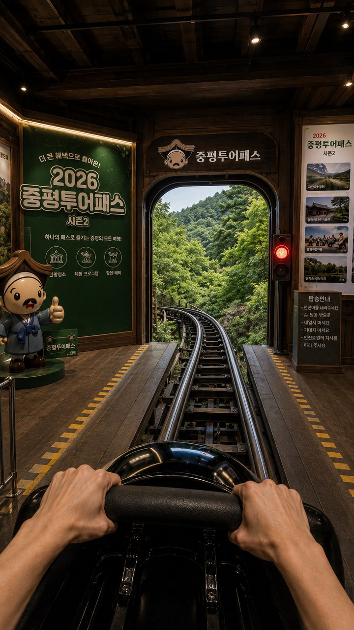 증평 좌구산 투어패스 시즌2 탑승장 1인칭 POV — '2026 증평투어패스 시즌2' 배너와 신호등, 산속 레일 출발점, AI 관광 영상 하무인